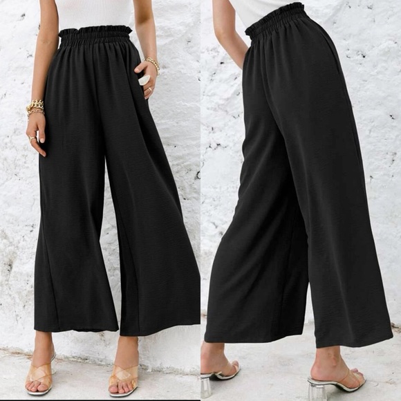 High waisted flared wide leg cropped pants shirred boho khaki tan - Picture 6 of 6